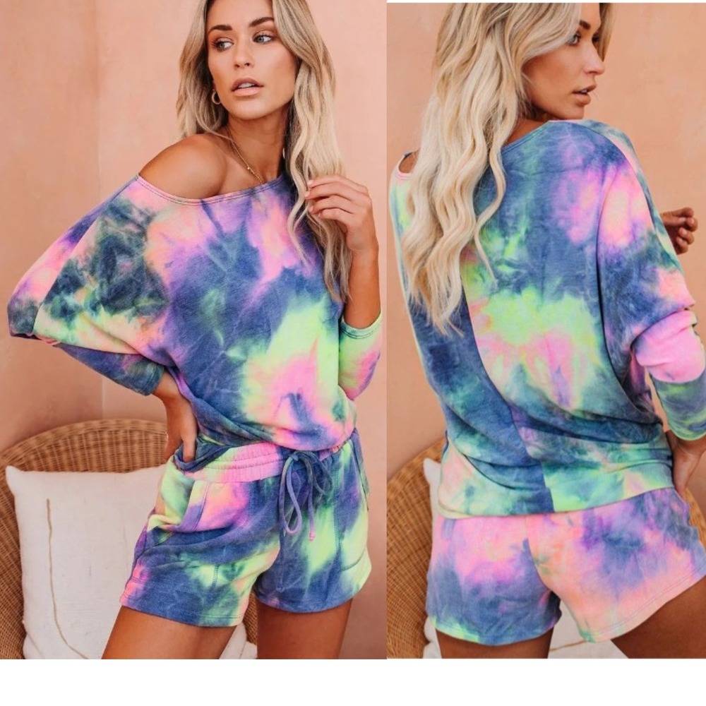 VICI Harmony Tie Dye Lounge Set Dolman Top Shorts Blue Pink Medium